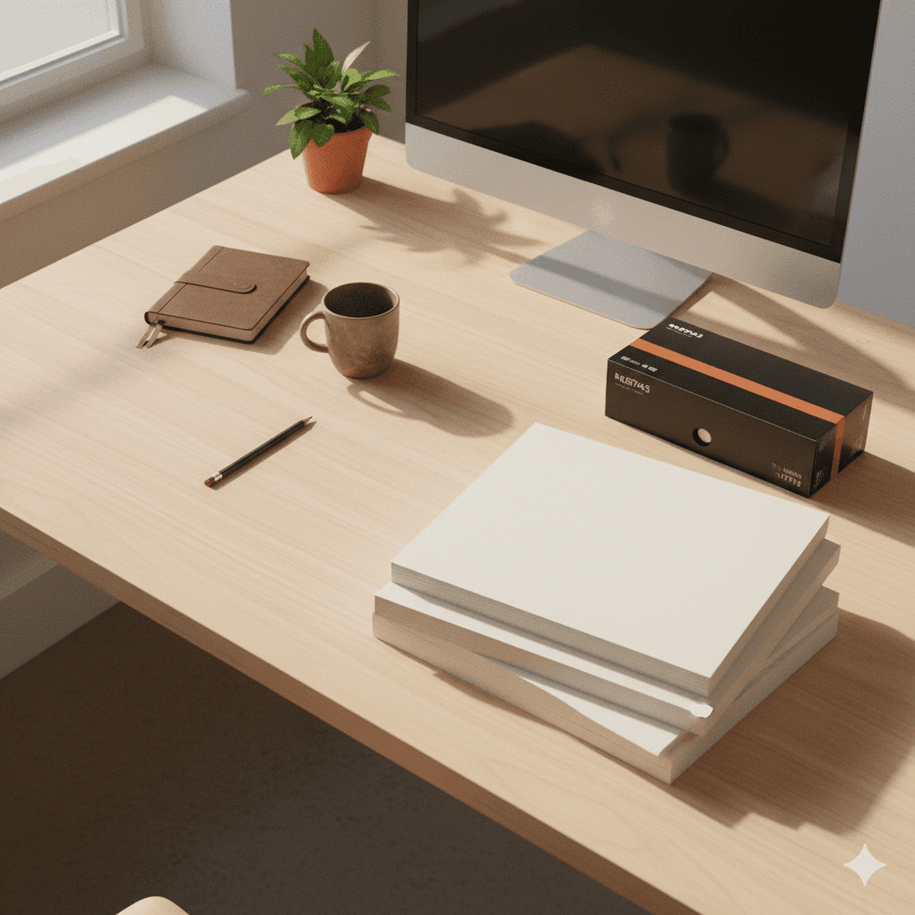Escritorio de oficina con papel, tóner y accesorios